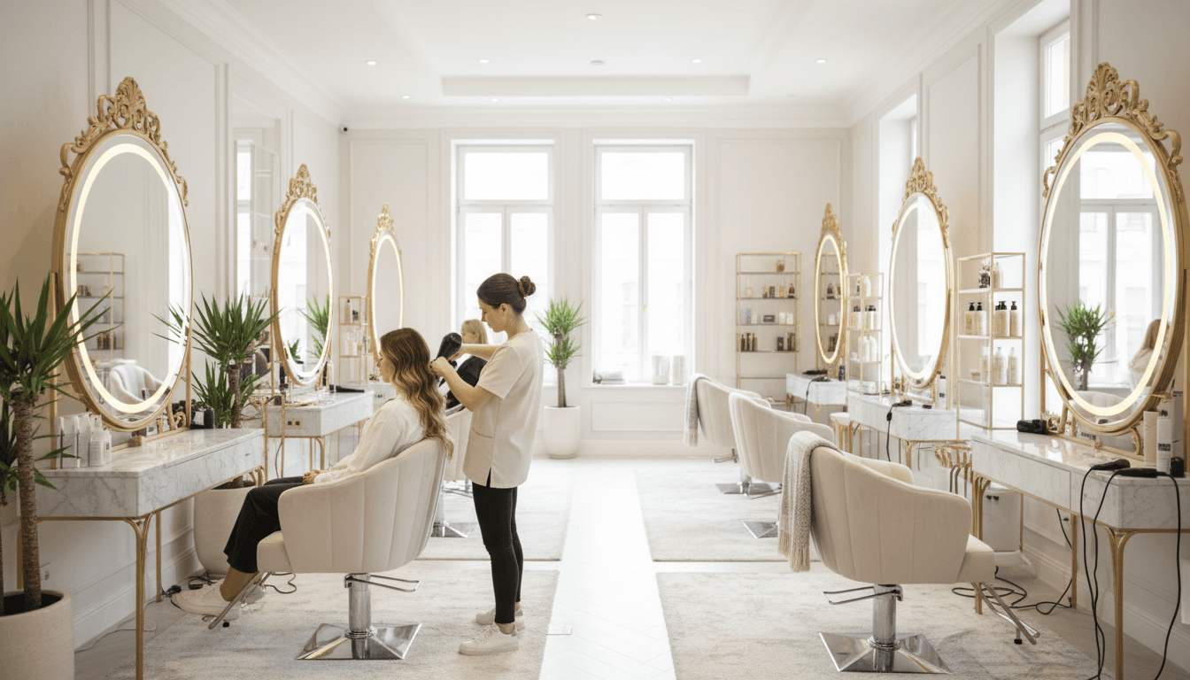 Elegant salon space with gold-toned details