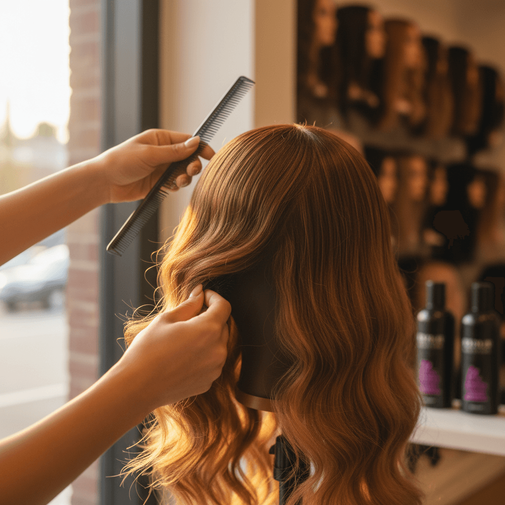 Wig stylist's hands adjusting a luxurious wig